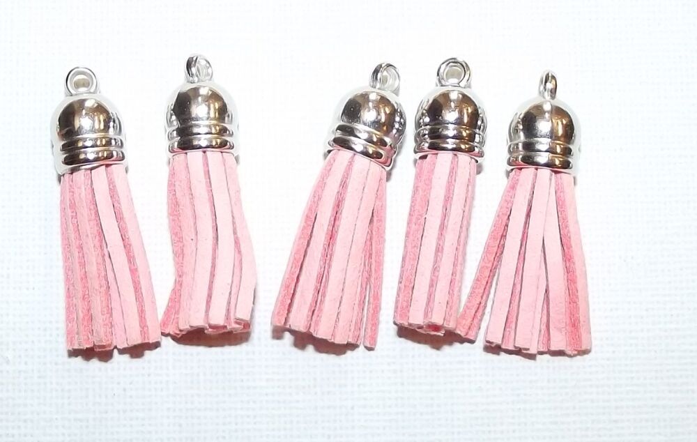 Tassels Faux Suede Leather Charms Keyrings Crafts Light Pink #20 Silver Top Pks of 5