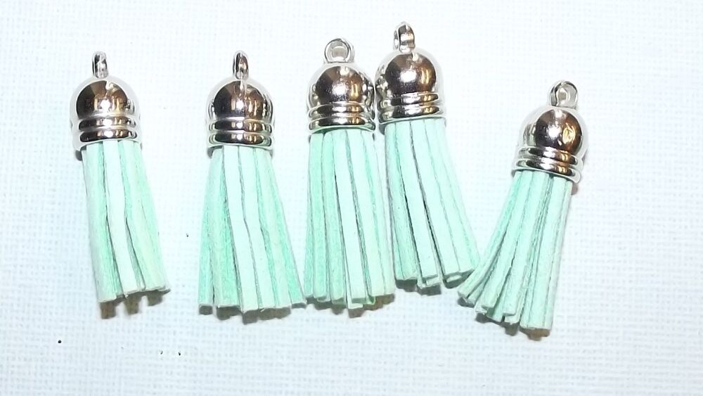 Tassels Faux Suede Leather Charms Keyrings Crafts Mint Green #29 Silver Top Pks of 5