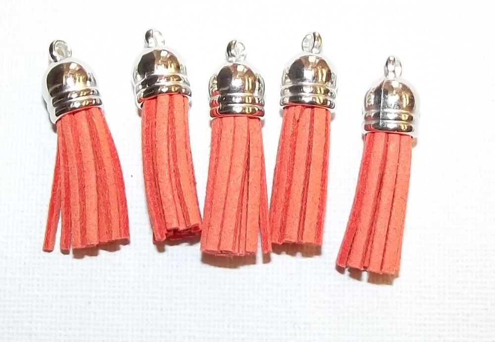 Tassels Faux Suede Leather Charms Keyrings Crafts Orange #9 Silver Top Pks of 5