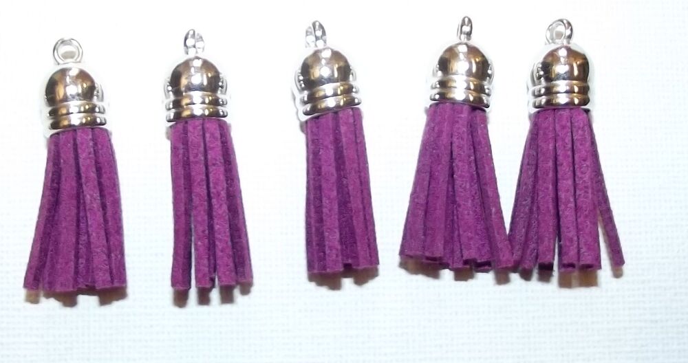 Tassels Faux Suede Leather Charms Keyrings Crafts Purple #22 Silver Top Pks of 5