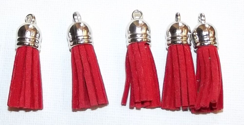 Tassels Faux Suede Leather Charms Keyrings Crafts Red #7 Silver Top Pks of 5