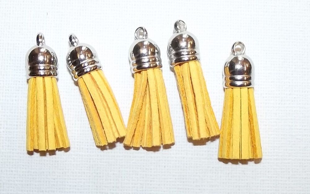 Tassels Faux Suede Leather Charms Keyrings Crafts Yellow #35  Silver Top Pks of 5