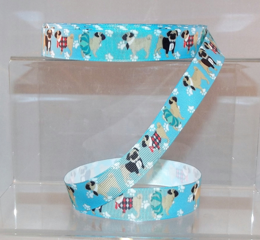 Dog Pugs in Coats Grosgrain Ribbon 22mm Wide Sold per metre