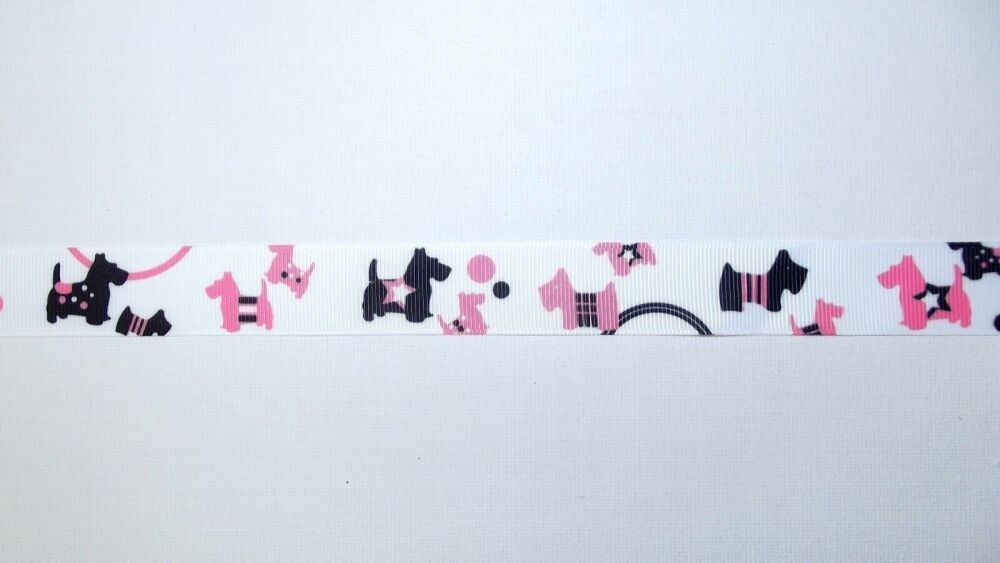 Scottie Dog Grosgrain Ribbon 22mm Wide Sold per metre Pink and White