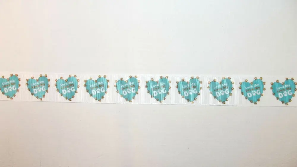 Dog Grosgrain Ribbon Heart Love Me Love my Dog 25mm Wide Sold per metre Turquoise