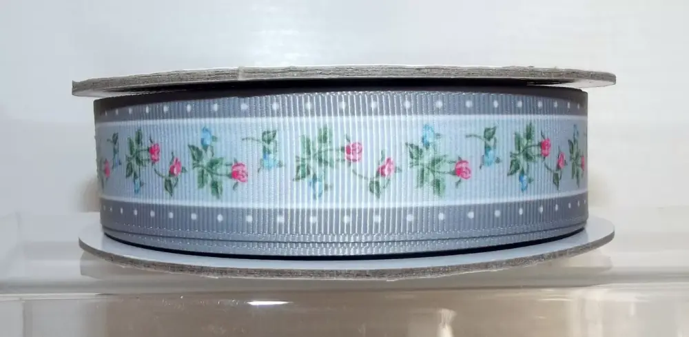 Floral Grey Flowers Grosgrain Ribbon 25mm Wide Sold per metre