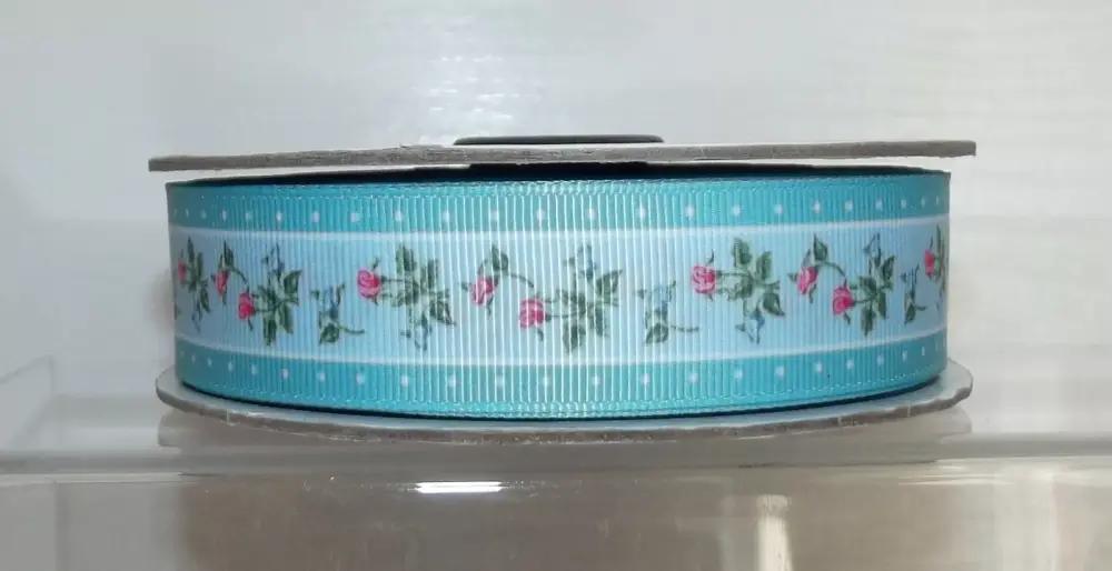 Floral Turquoise Flowers Grosgrain Ribbon 25mm Wide Sold per metre