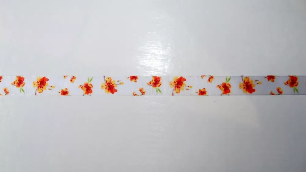 Floral Flowers Satin Ribbon 15mm Wide Orange Sold per Metre