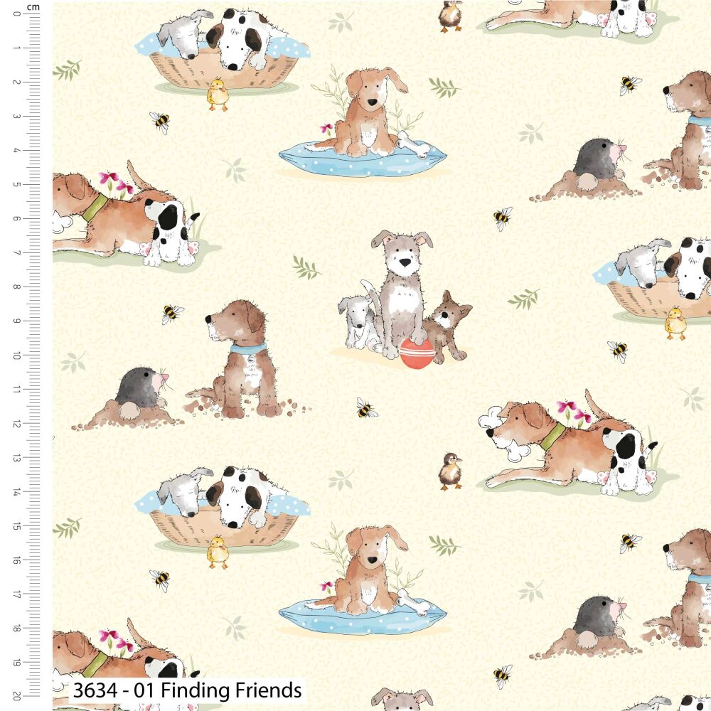 It's a Dog's Life Fabric 112cm wide approx. Sold as FQ, 1/2m or 1m 3634-01 Finding Friends