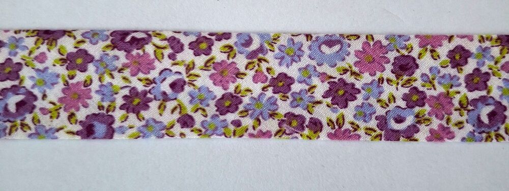 Bias Binding 25mm Wide 100% Cotton Sold per Metre Floral Lilac/Purple on White FB06