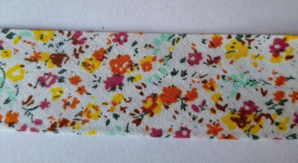 Bias Binding 25mm Wide 100% Cotton Sold per Metre Floral Red/Yellow on Silver Grey FB01