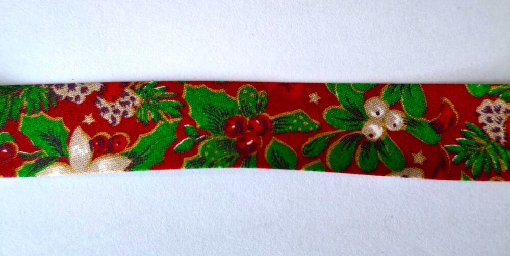 Christmas Bias Binding 18mm Wide 100% Cotton Poinsettia on Red Background