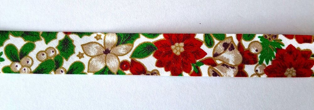 Christmas Bias Binding 18mm Wide 100% Cotton Poinsettia on White Background