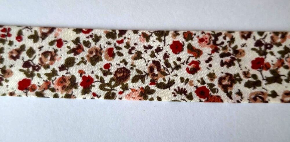 Bias Binding 25mm Wide 100% Cotton Sold per Metre Floral Brown on White FB09