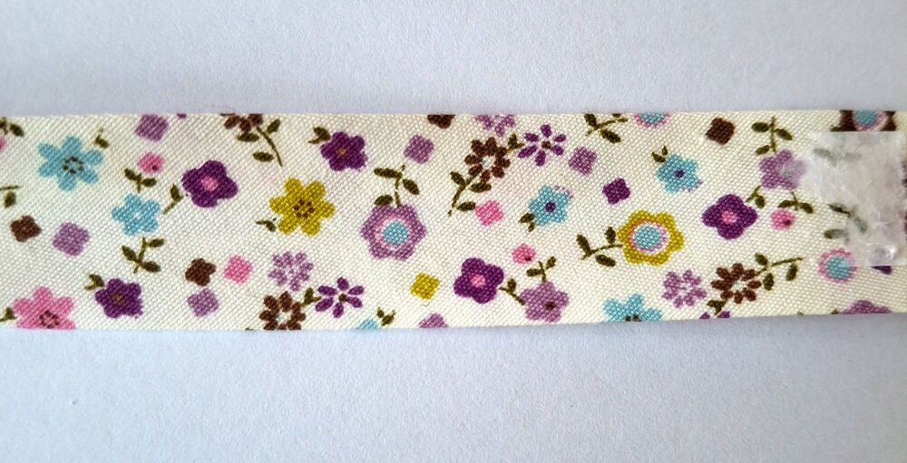 Bias Binding 18mm Wide 100% Cotton Sold per Metre Purple and White Floral