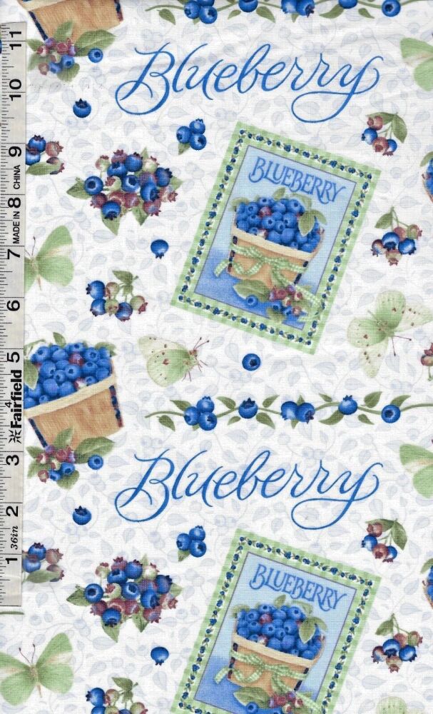 Berrylicious Fabric Henry Glass 112cm Wide FQ, 1/2m, 1m Blue/White