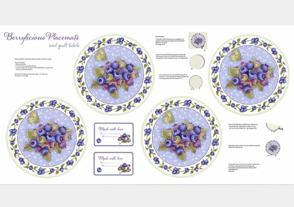 Berrylicious Place Mat Panel Henry Glass 112cm Wide Blue/White