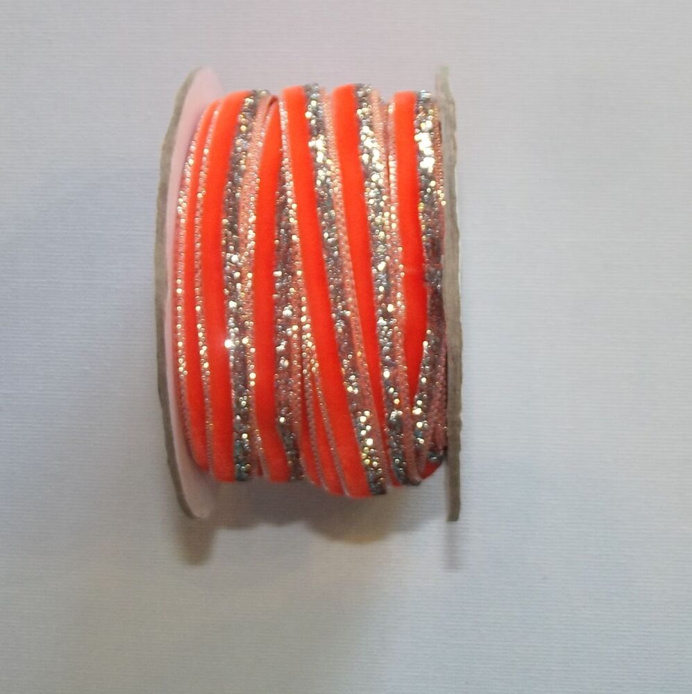 Velvet and Glitter Ribbon 10mm Wide Sold per Metre - Orange