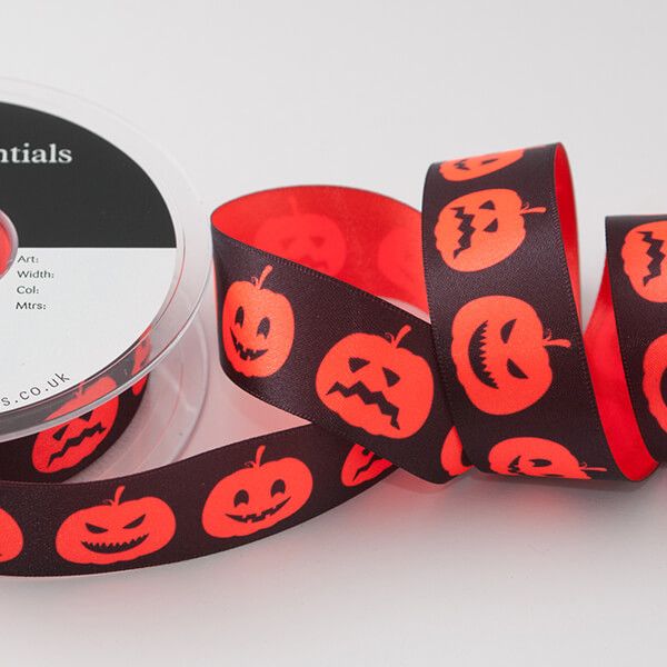 Halloween Printed Satin Ribbon 25mm Wide Sold per Metre Pumpkin Orange