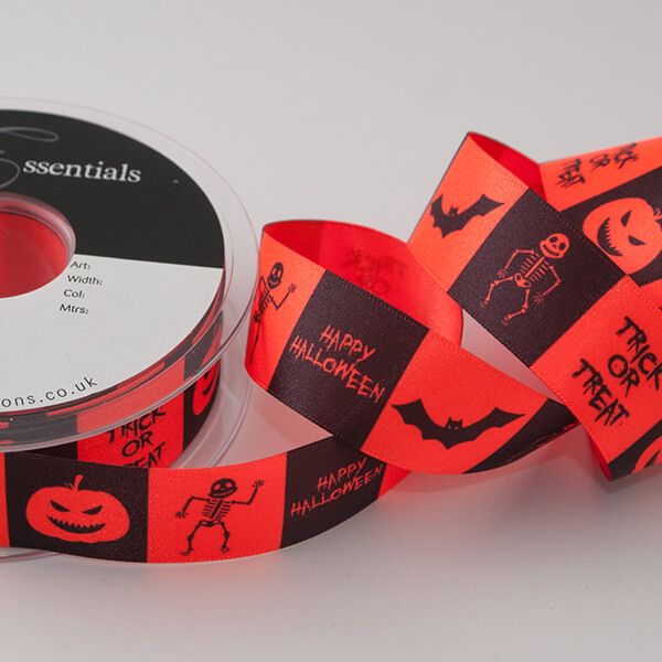 Halloween Printed Satin Ribbon 25mm Wide Sold per Metre Spooky Friends