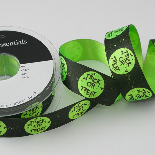 Halloween Printed Satin Ribbon 25mm Wide Sold per Metre Trick or Treat Black/Green