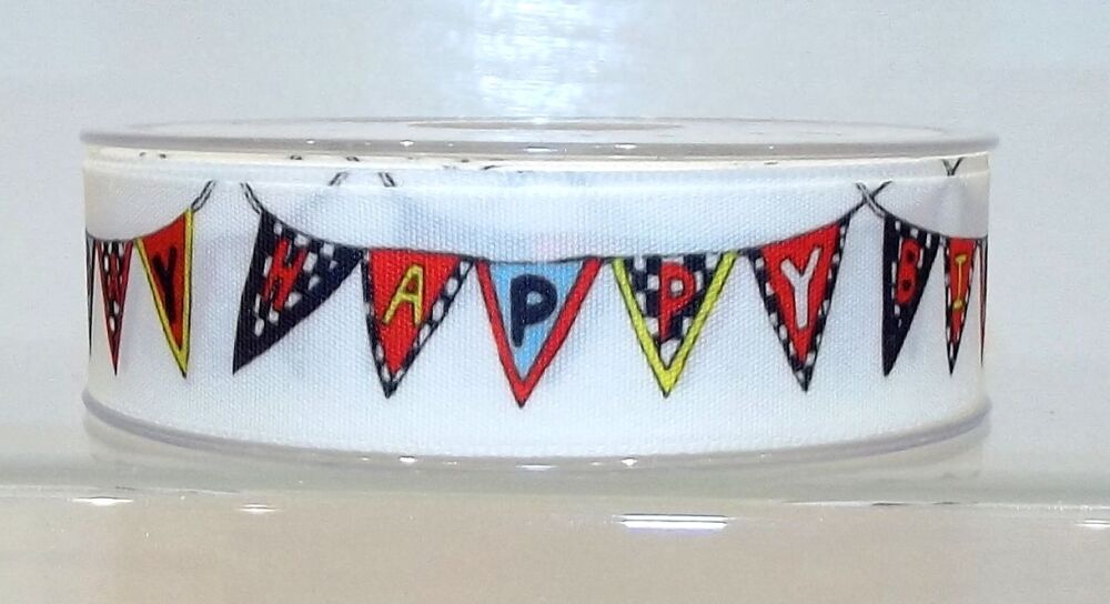 Happy Birthday Bunting Satin Ribbon 25mm Wide Sold per Metre