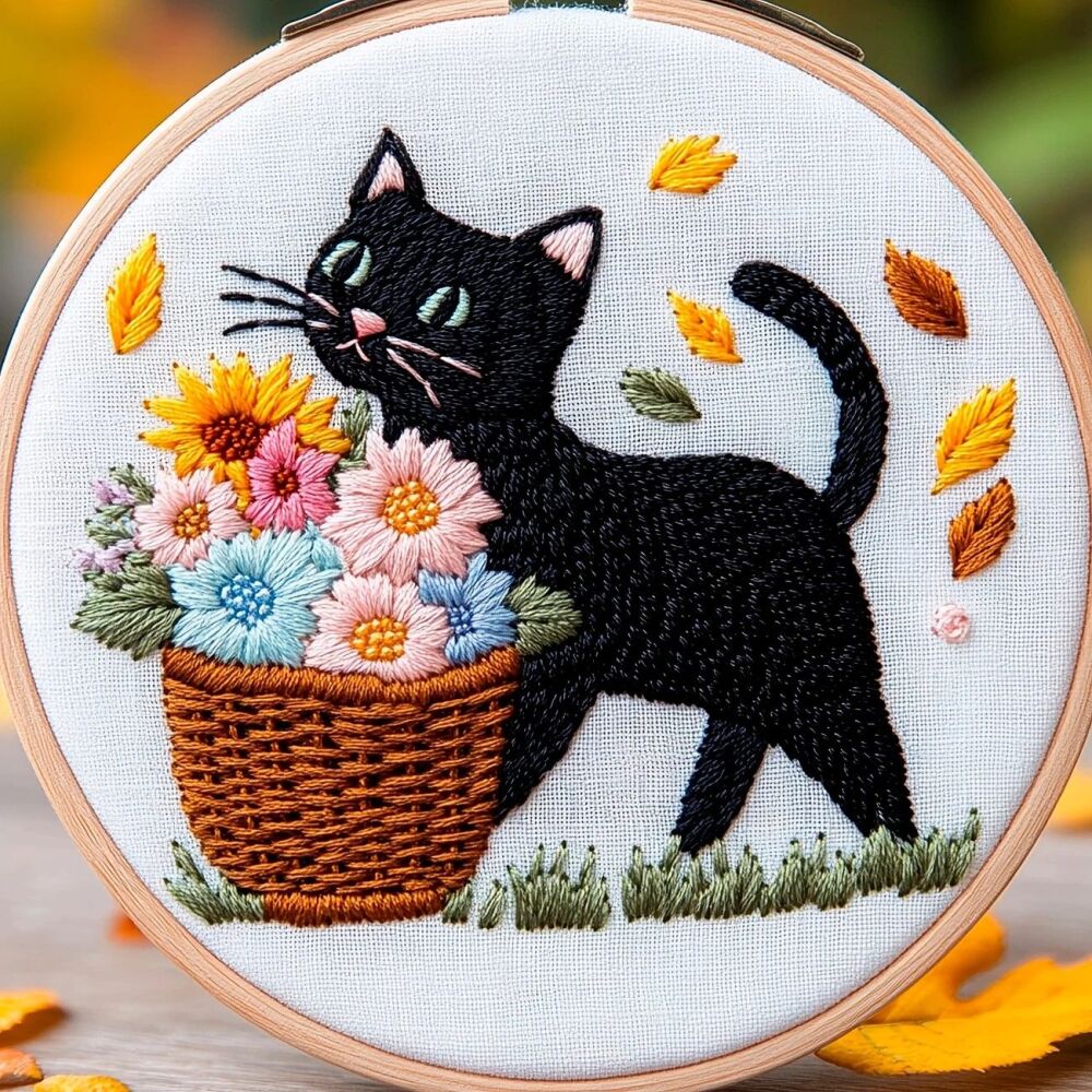 Embroidery Kit - Cat & Flowers 20cm inc Hoop