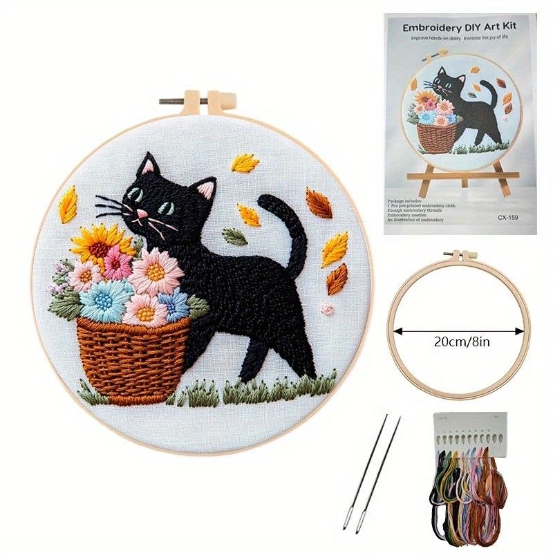 Embroidery Kit - Cat & Flowers 20cm inc Hoop