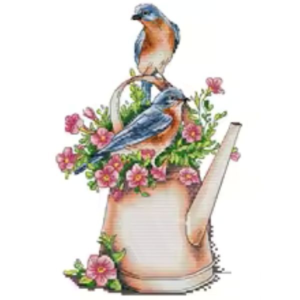 Birds on Watering Can Cross Stitch Kit 16CT Counted