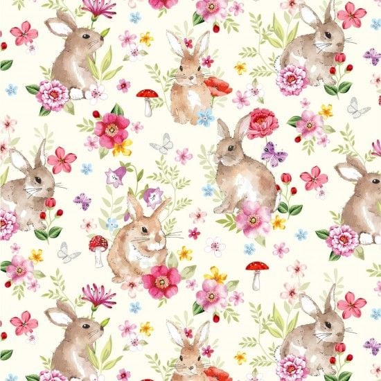 Spring Fields Fabric 112cm Wide FQ, 1/2m, 1m 81710 101 Rabbits