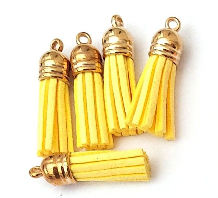 Tassels Faux Suede Leather Charms Keyrings Crafts Yellow #35 Gold Top Pks of 5