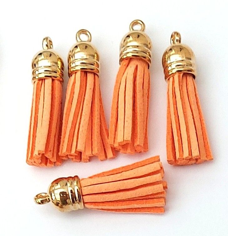 Tassels Faux Suede Leather Charms Keyrings Crafts Orange #9 Gold Top Pks of 5