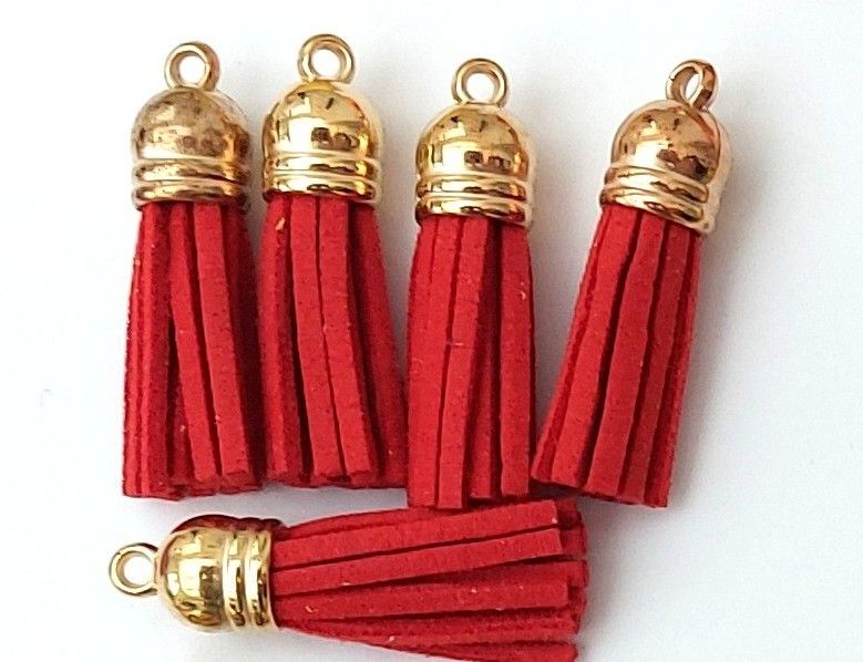 Tassels Faux Suede Leather Charms Keyrings Crafts Red #7 Gold Top Pks of 5