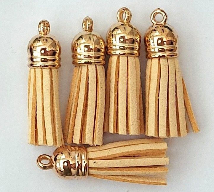 Tassels Faux Suede Leather Charms Keyrings Craft Light Brown #4 Gold Top Pks of 5