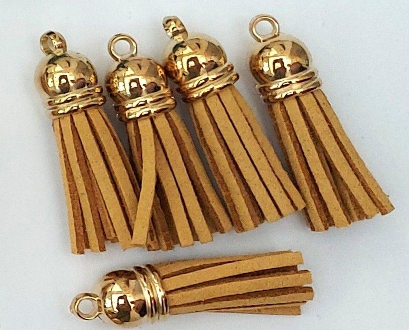 Tassels Faux Suede Leather Charms Keyrings Craft Gold with Gold Top Pks of 5