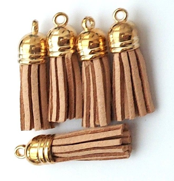 Tassels Faux Suede Leather Charms Keyrings Craft Light Khaki #13 Gold Top Pks of 5