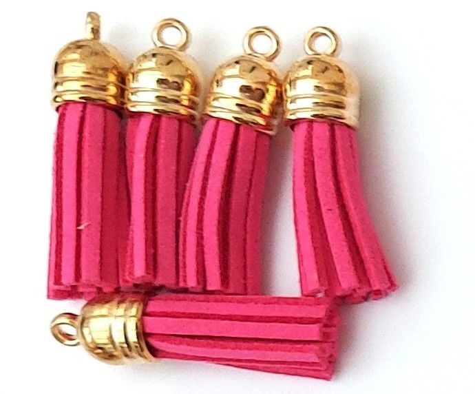 Tassels Faux Suede Leather Charms Keyrings Craft Fuchsia Pink #2 Gold Top Pks of 5