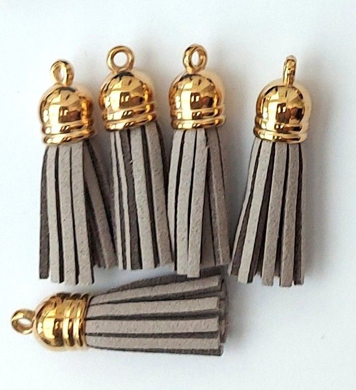 Tassels Faux Suede Leather Charms Keyrings Craft Light Grey #1 Gold Top Pks of 5