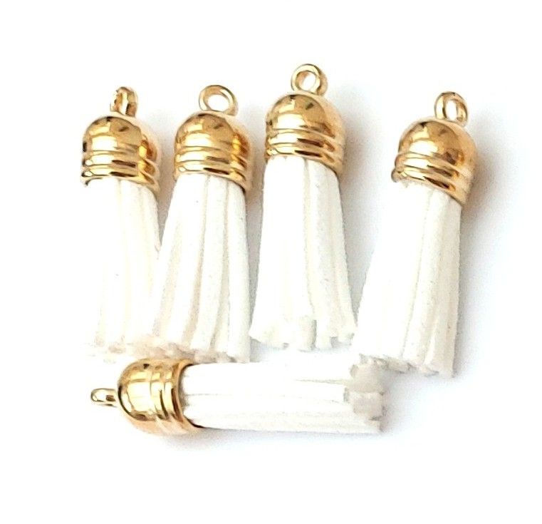 Tassels Faux Suede Leather Charms Keyrings Crafts White #8 Silver Top Pks of 5