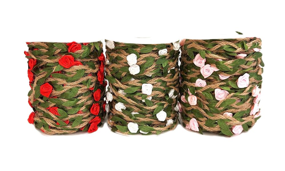 Roses and Leaves on Hessian/Jute Sold per Metre - Pink, White, Red