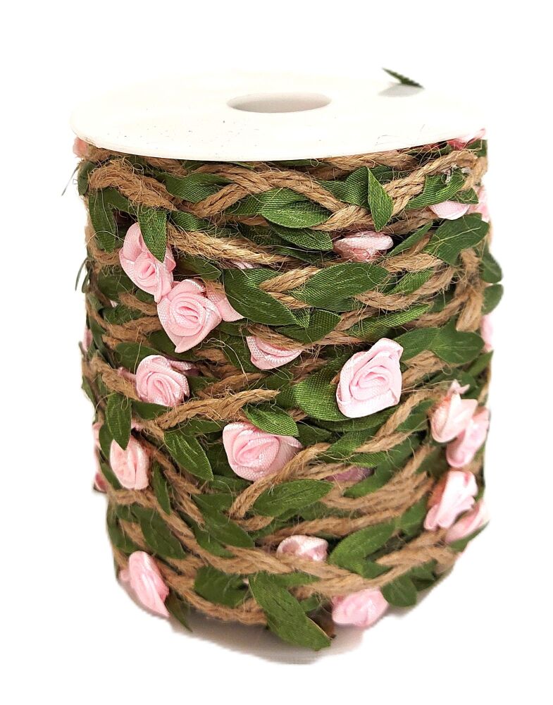 Roses and Leaves on Hessian/Jute Sold per Metre - Pink, White, Red