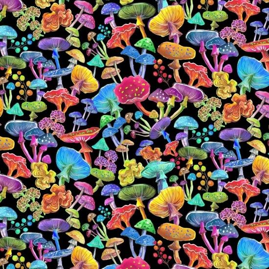 Luminous Fabric 112cm Wide Sold as FQ, 1/2m, 1m 81860-102 Mushrooms Black