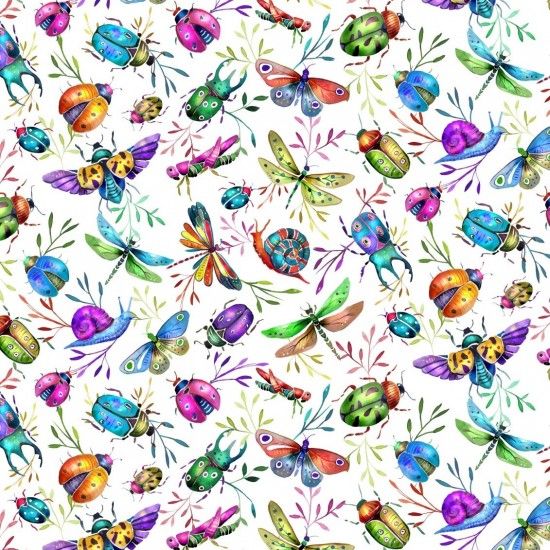 Luminous Fabric 112cm Wide Sold as FQ, 1/2m, 1m 81860-103 Insects White