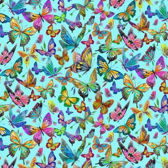 Luminous Fabric 112cm Wide Sold as FQ, 1/2m, 1m 81860-104 Butterflies Blue