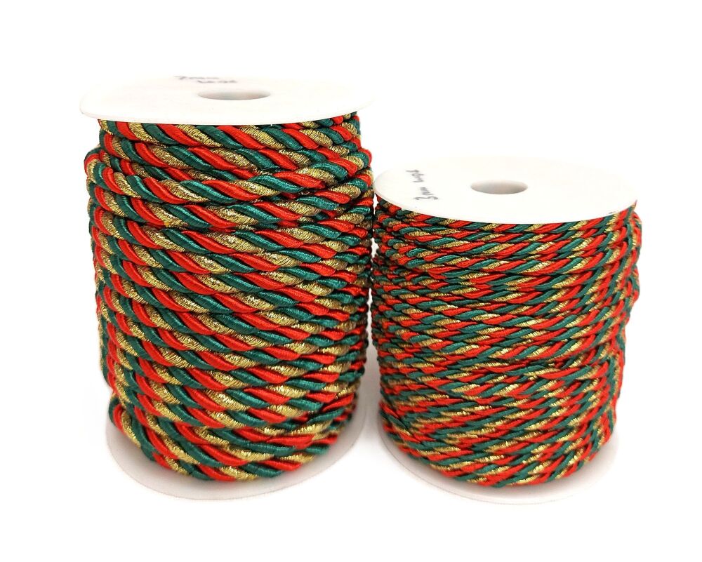 Christmas Metallic Cord 3mm or7mm Diameter Sold per Metre Red, Green and Gold