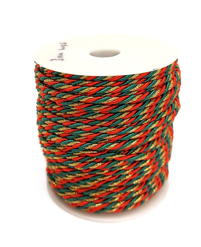 Christmas Metallic Cord 3mm or7mm Diameter Sold per Metre Red, Green and Gold