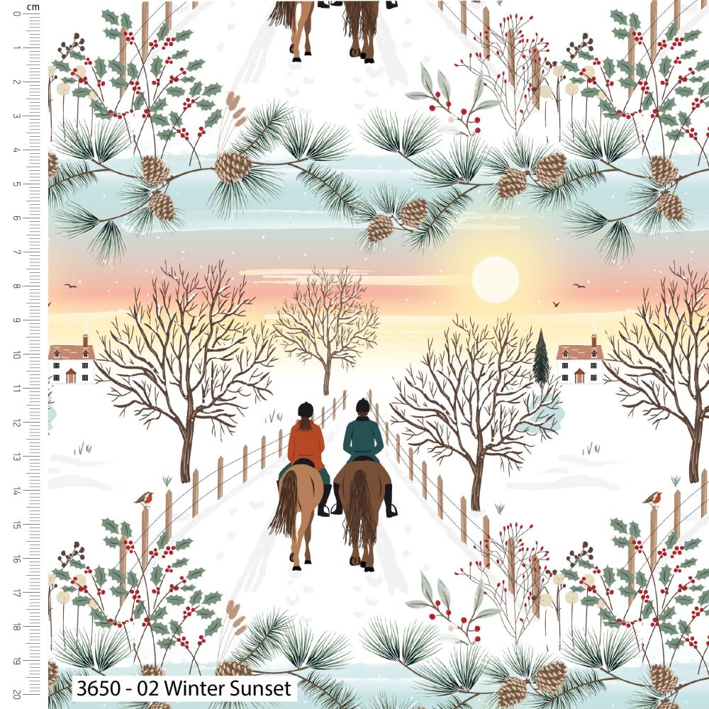 In The Country Winter Sunset Christmas Fabric 112cm Wide 3650-02 FQ, 1/2m 1m Horses
