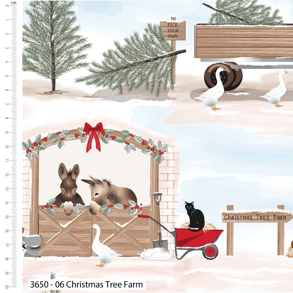 In The Country Christmas Tree Farm Fabric 112cm Wide 3650-06 FQ, 1/2m 1m Donkey