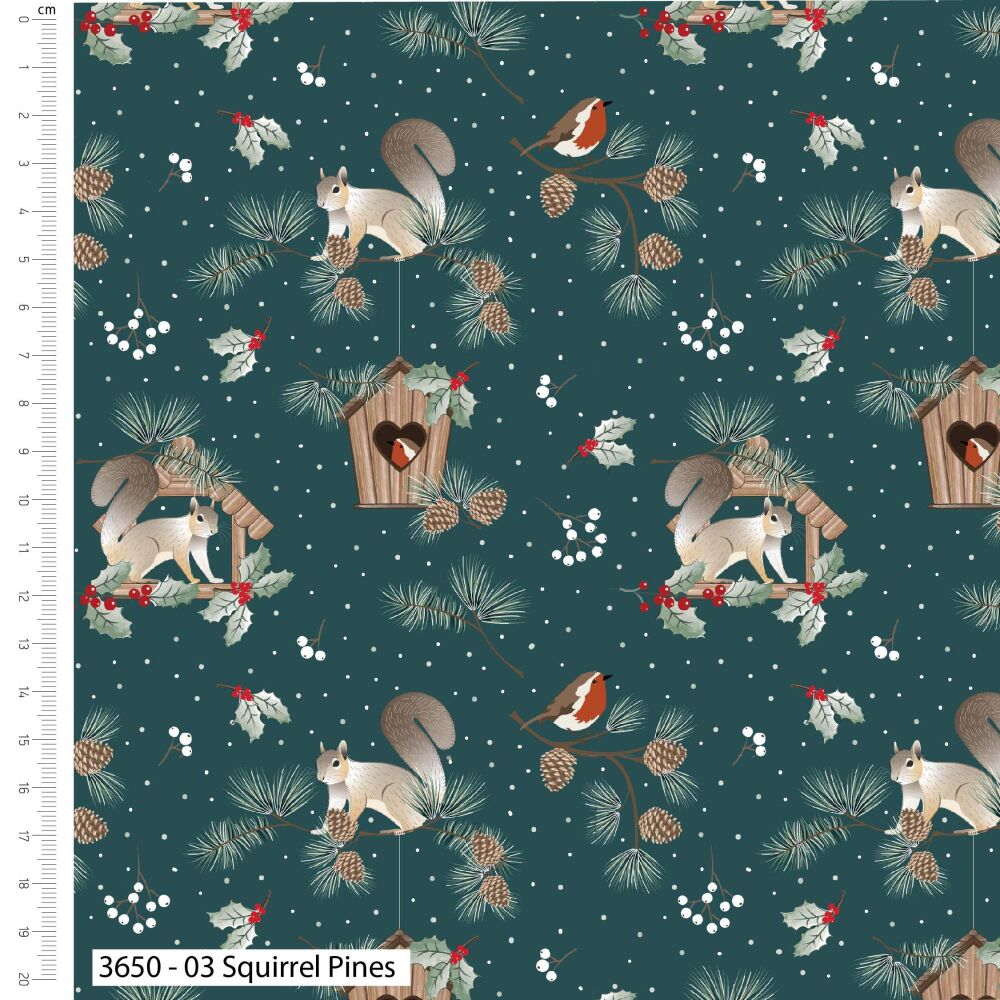 In The Country Squirrel Pines Christmas Fabric 112cm Wide 3650-03 FQ, 1/2m 1m