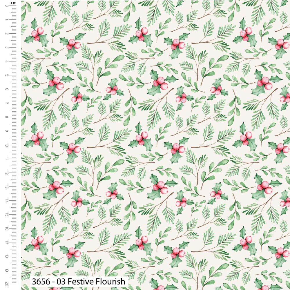 Merry Little Christmas Fabric 112cm Wide 3656-03 FQ, 1/2m 1m Festive Flourish